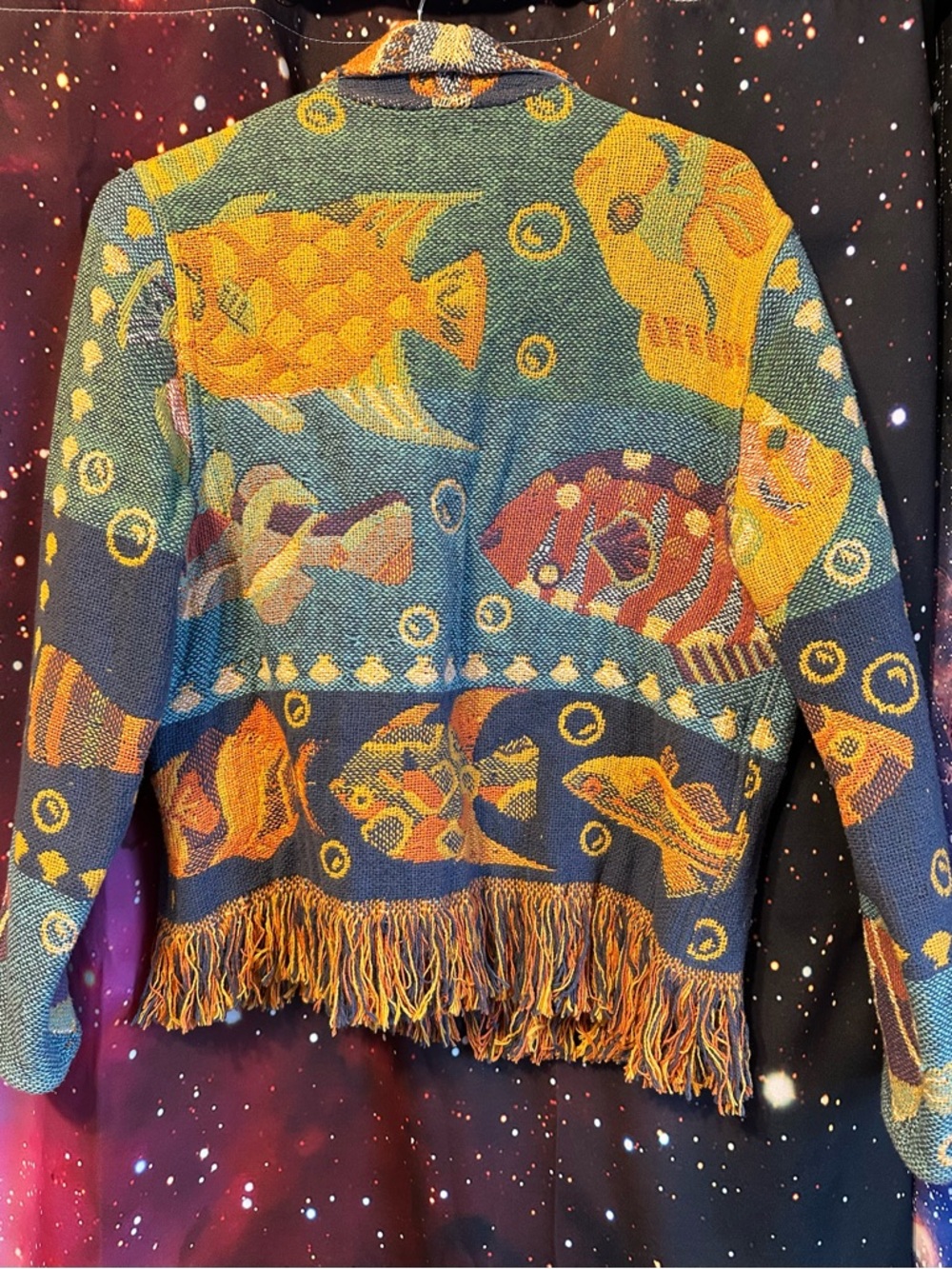 Woven Multicolor Fish Shawl-Collar Vintage Sweater - Picture 2 of 3